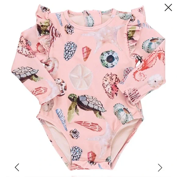 NWT Pink Chicken Girls Rachel Suit in Pink Watercolor Shells 2T Swim